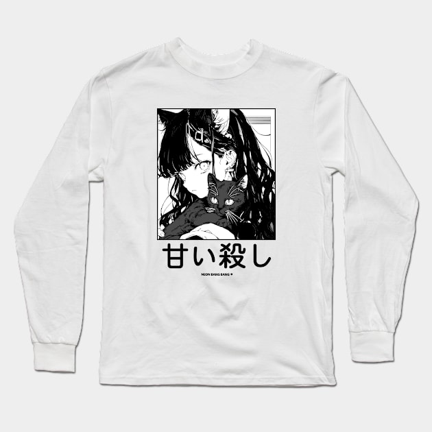 Stylish Anime Neko Girl Manga Aesthetic Streetwear Black and White Long Sleeve T-Shirt by Neon Bang Bang